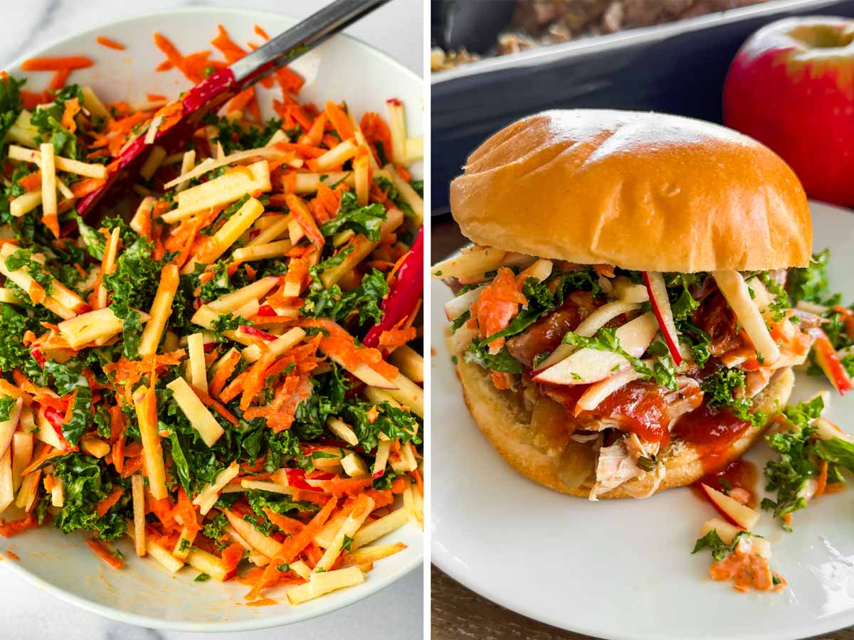 pulled pork sandwiches with apple kale slaw and bbq sauce