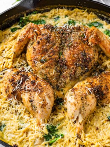 spatchcock herb chicken with creamy orzo in a cast iron skillet