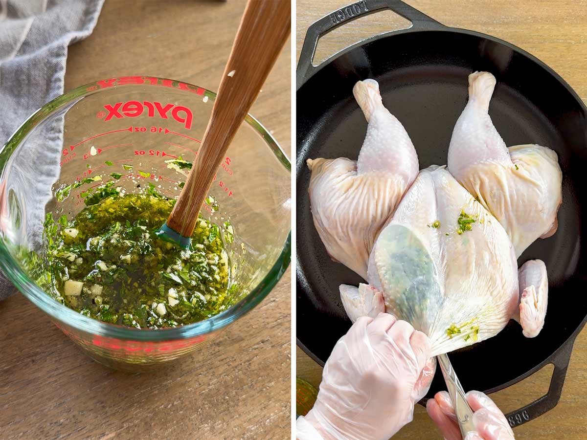 making the herb garlic mixture and applying it under the chicken skin