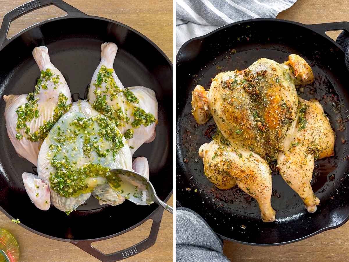 seasoned roast chicken in cast iron pan