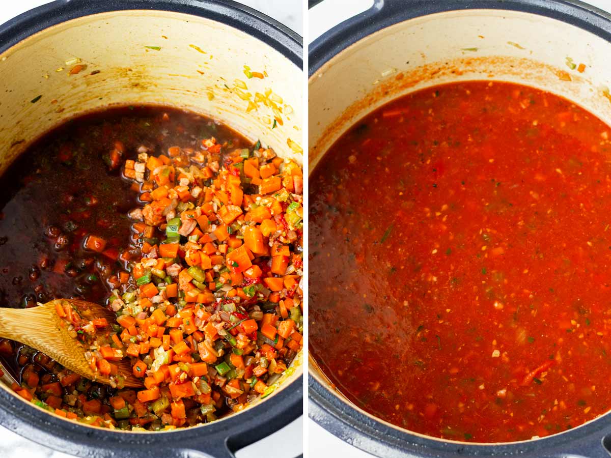 adding red wine and blended canned tomatoes into the pot