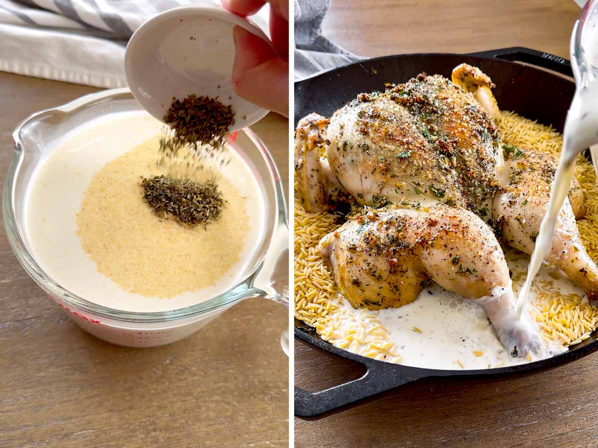 adding orzo and creamy broth to the pan with the chicken
