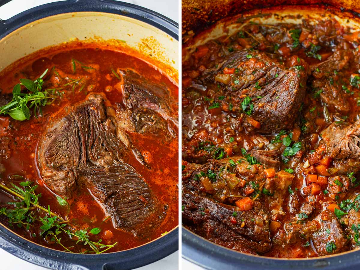 braised pot roast with garnish in dutch oven