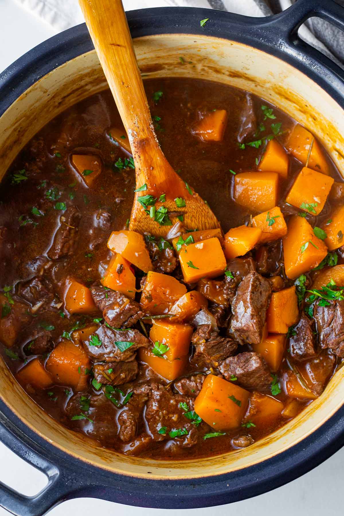 one pot butternut squash beef stew in dutch oven