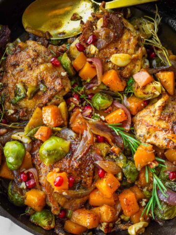 seared cast iron skillet chicken thighs with brussels sprouts, butternut squash, and herbs