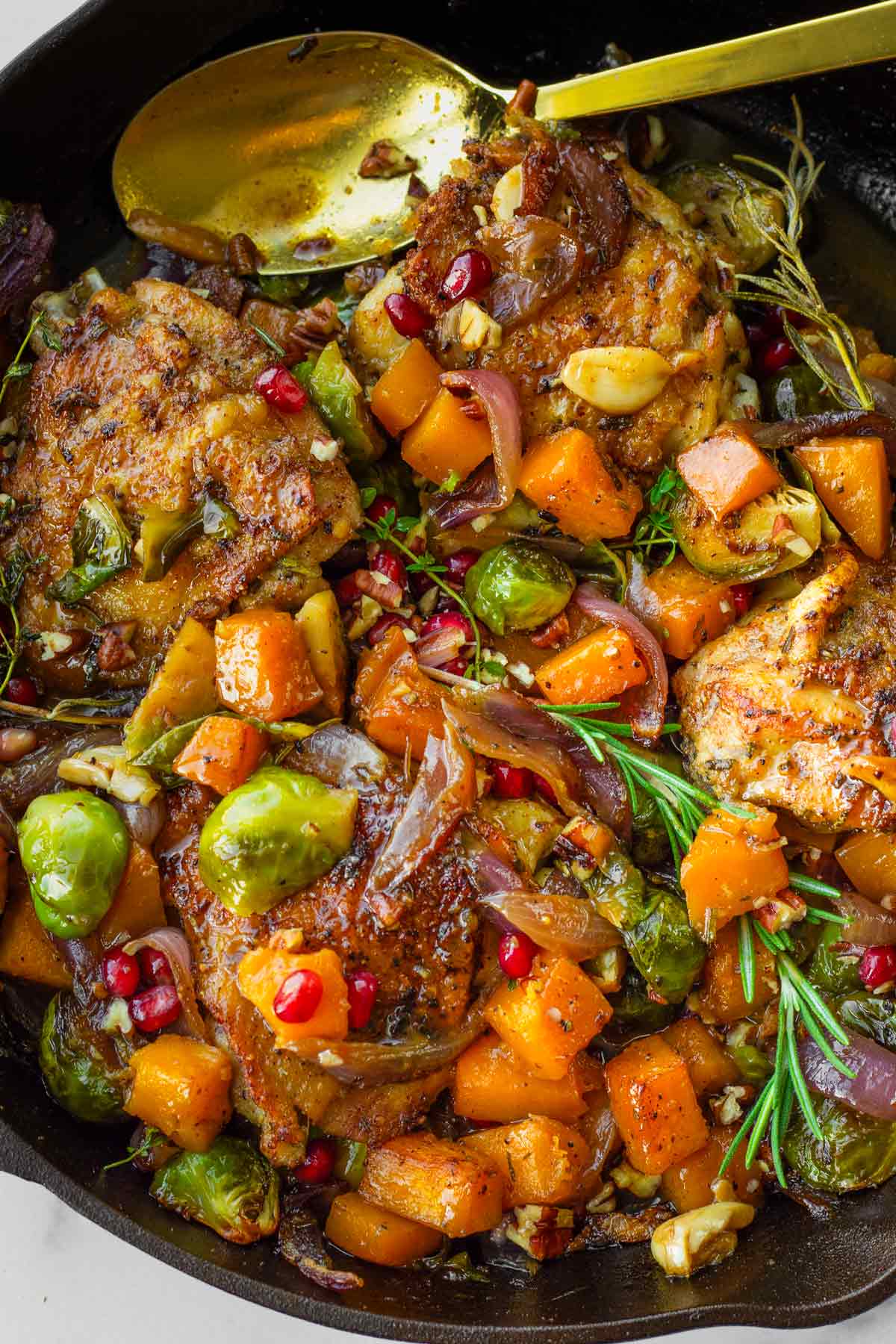 seared cast iron skillet chicken thighs with brussels sprouts, butternut squash, and herbs