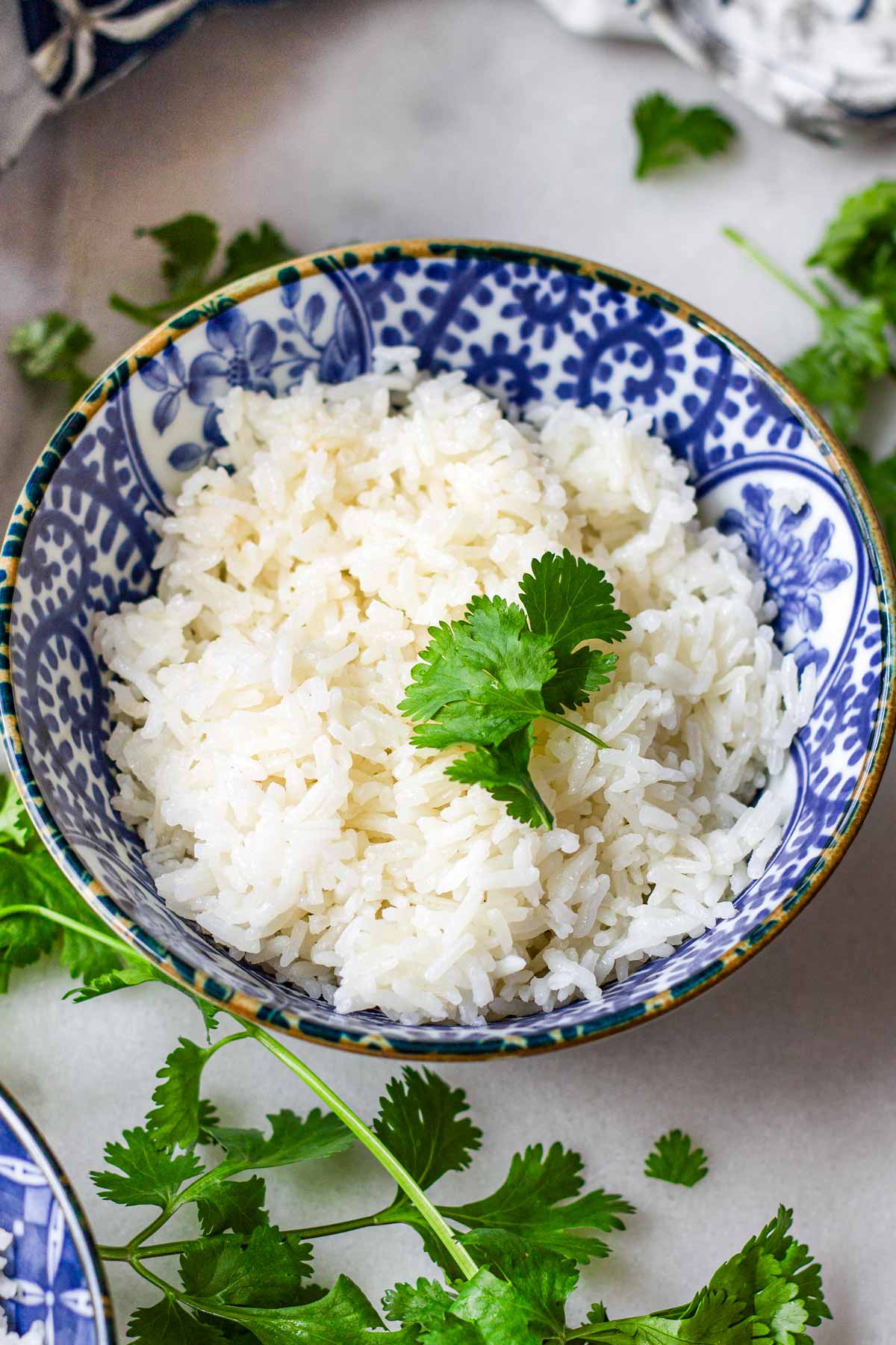 fluffy coconut jasmine rice in a blue pattern bowl with cilantro garnish