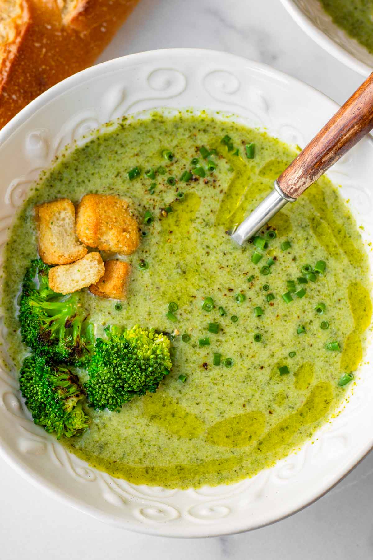 broccoli soup with milk with toppings
