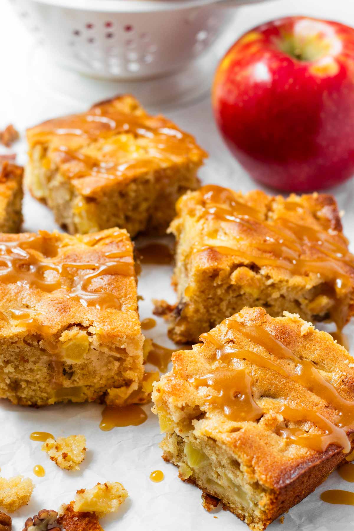 sliced apple cake with caramel