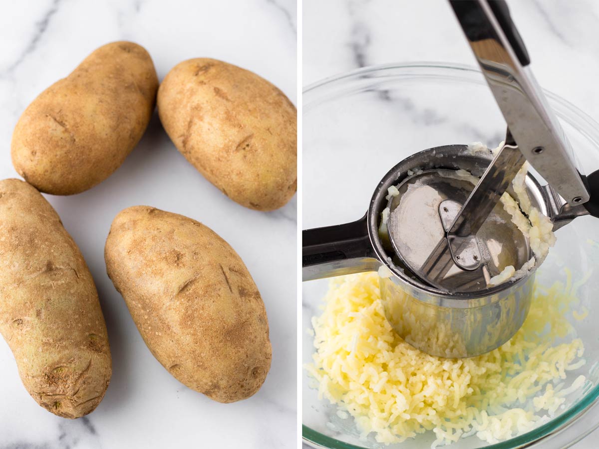 russet potatoes and a potato ricer