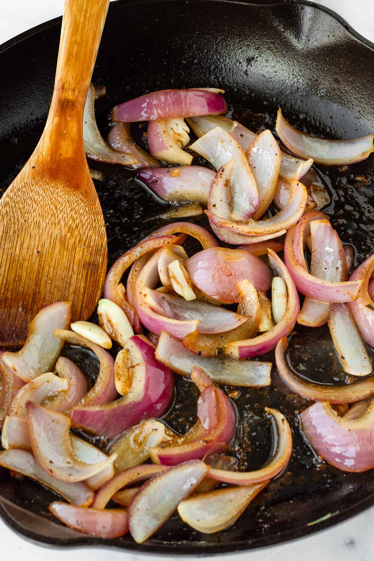 sauteeing onions and garlic in cast iron skillet