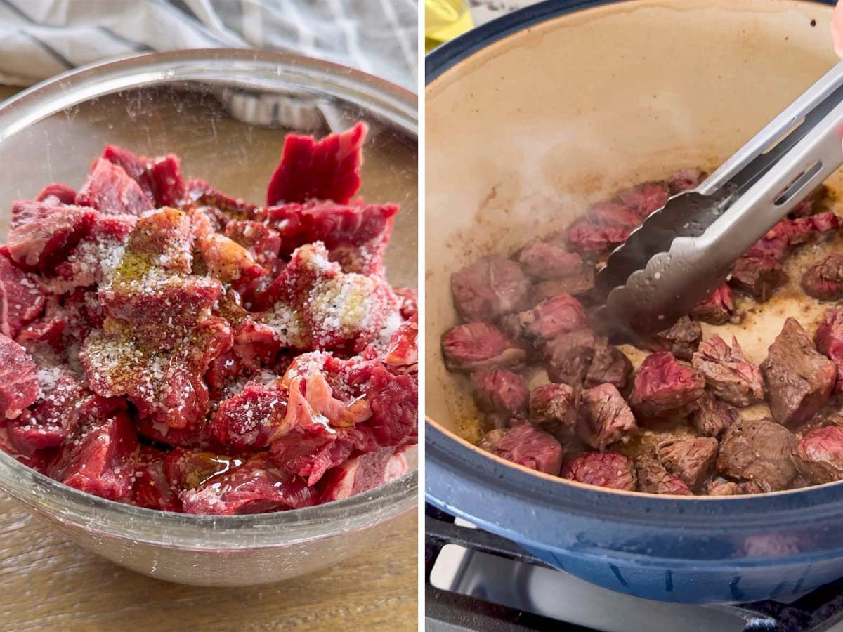 seasoning and searing cubed beef in pot