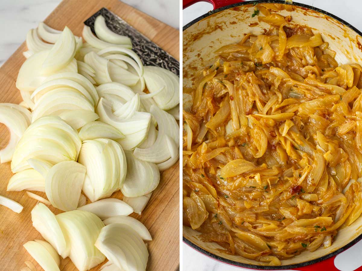 sliced onions on the left, golden brown caramelized onions on the right