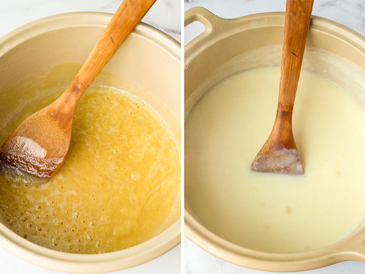 making the roux and adding milk to make creamy sauce in a dutch oven
