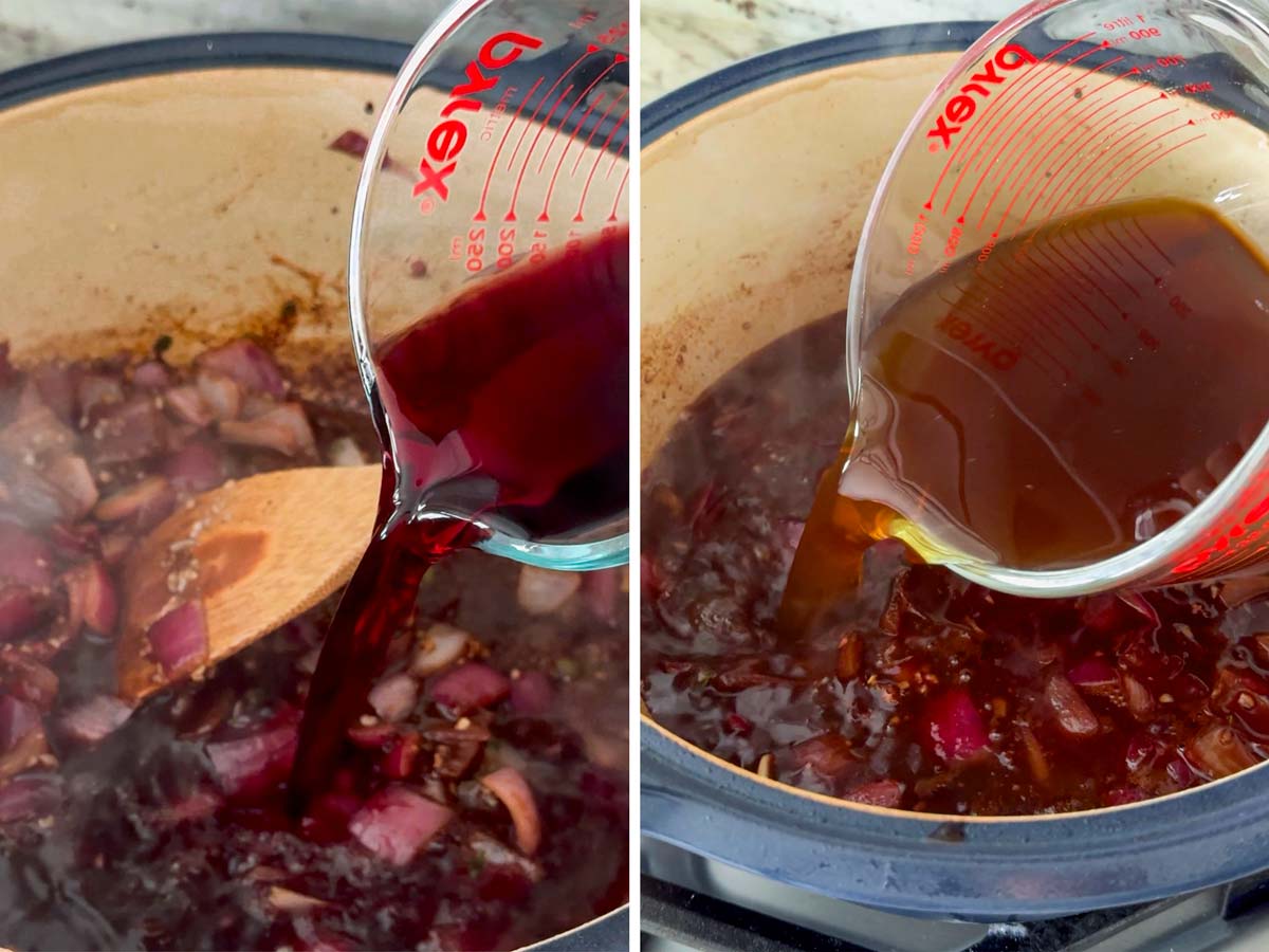 adding wine and beef broth to the pot