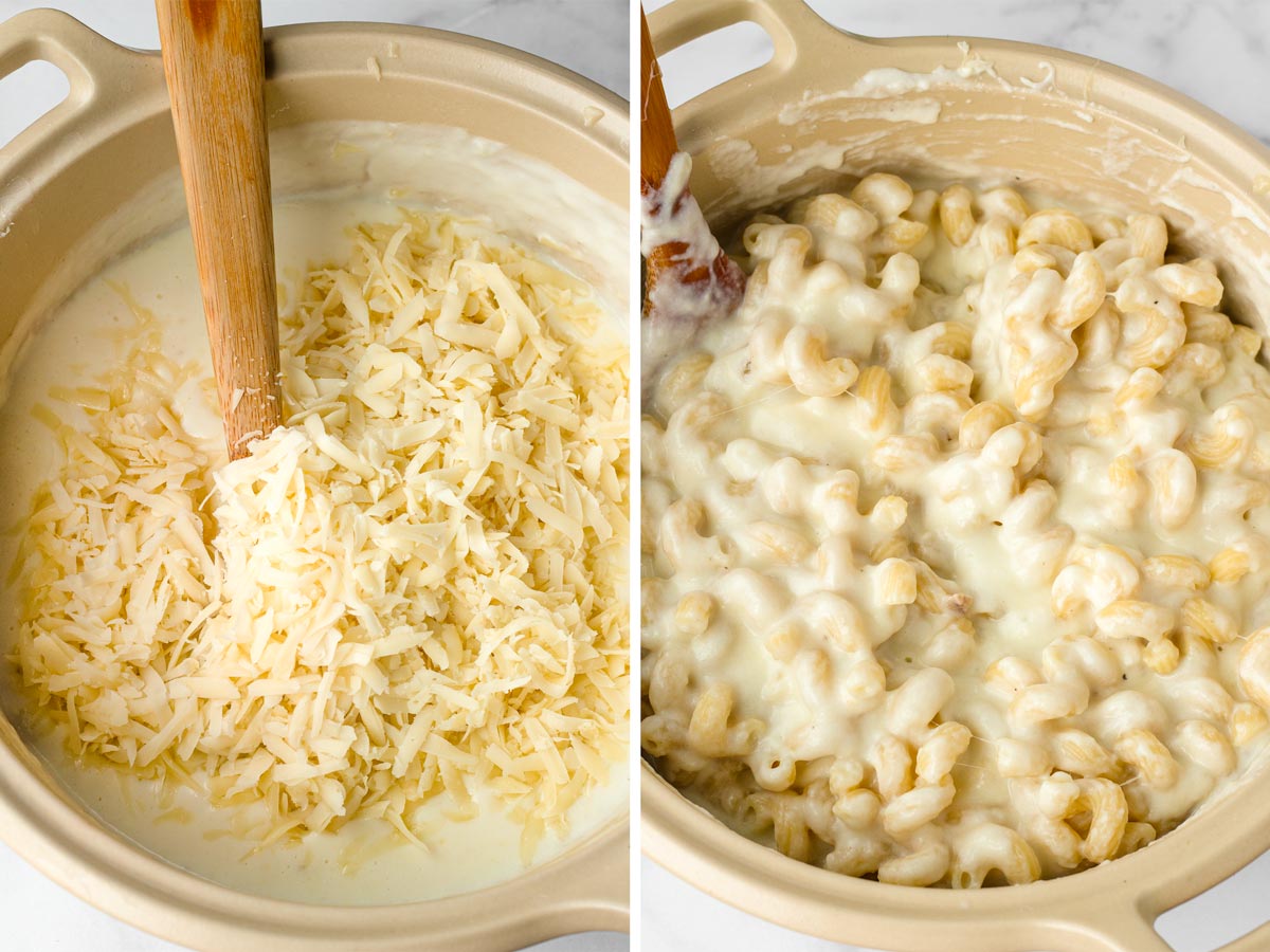 adding cheese and pasta to the pot with the sauce
