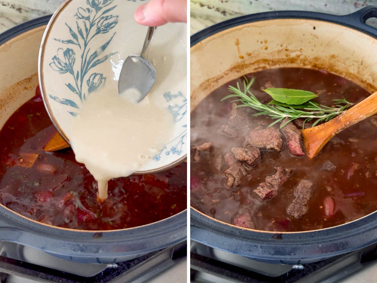 adding flour slurry and beef to the simmering broth
