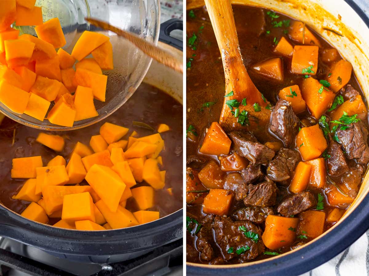 adding butternut squash to the pot