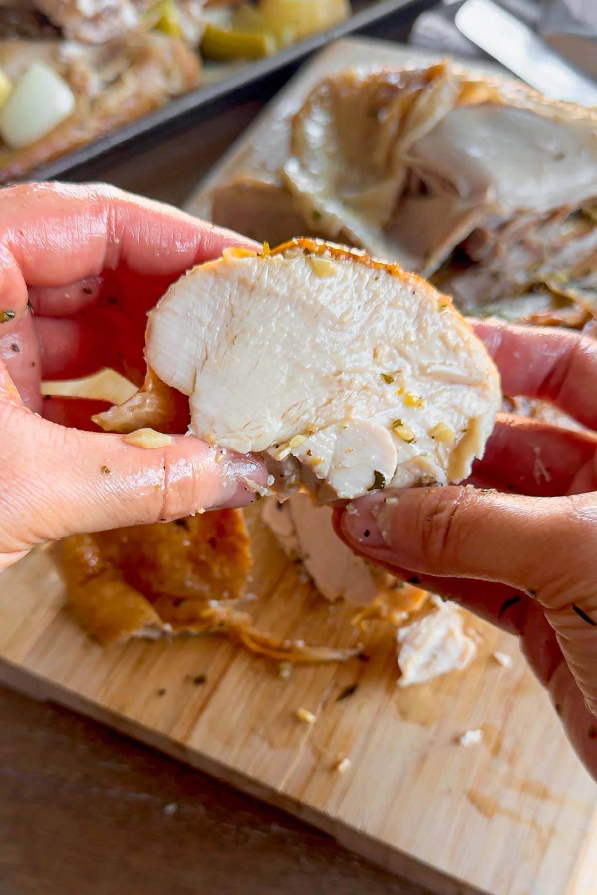 showing how moist a piece of sliced dry brined turkey breast is