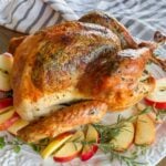 dry brined turkey for thanksgiving on a decorated platter