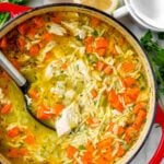 leftover turkey orzo soup with vegetables, herbs, and lemon