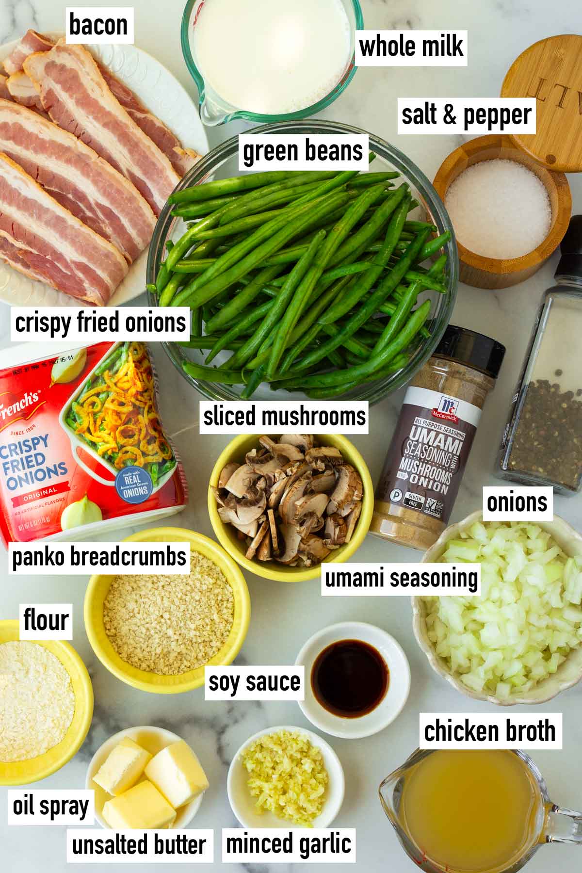 labeled ingredients for green bean casserole