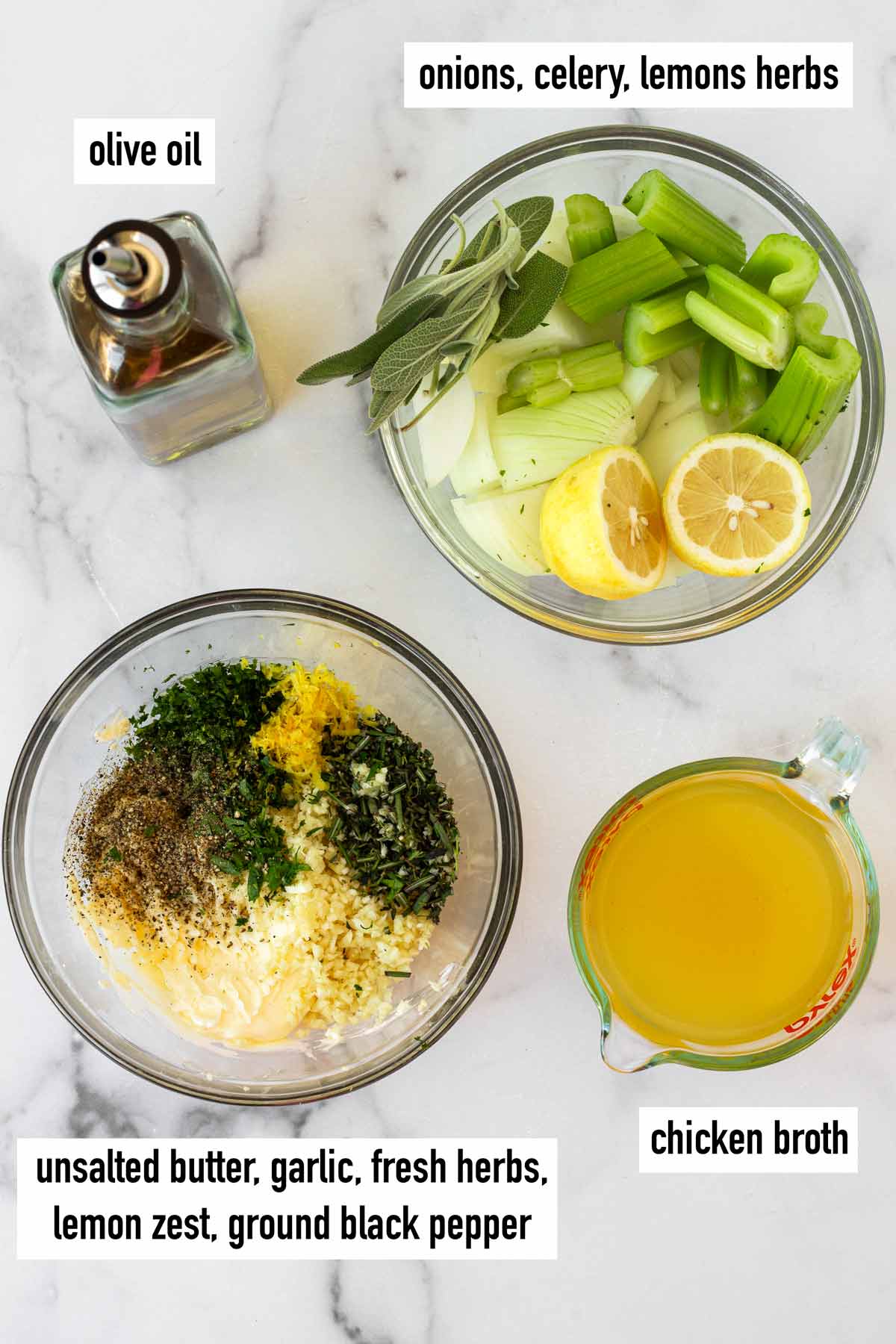 labeled ingredients for the herbed butter and roasting