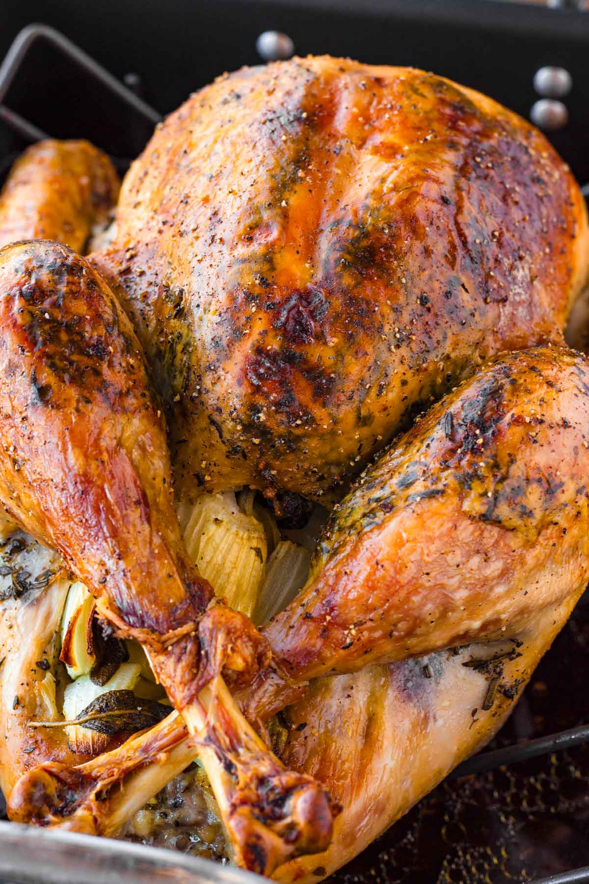 roast dry brined turkey in a roasting pan