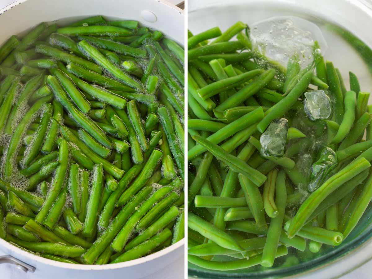 blanching green beans and placing on ice water bath