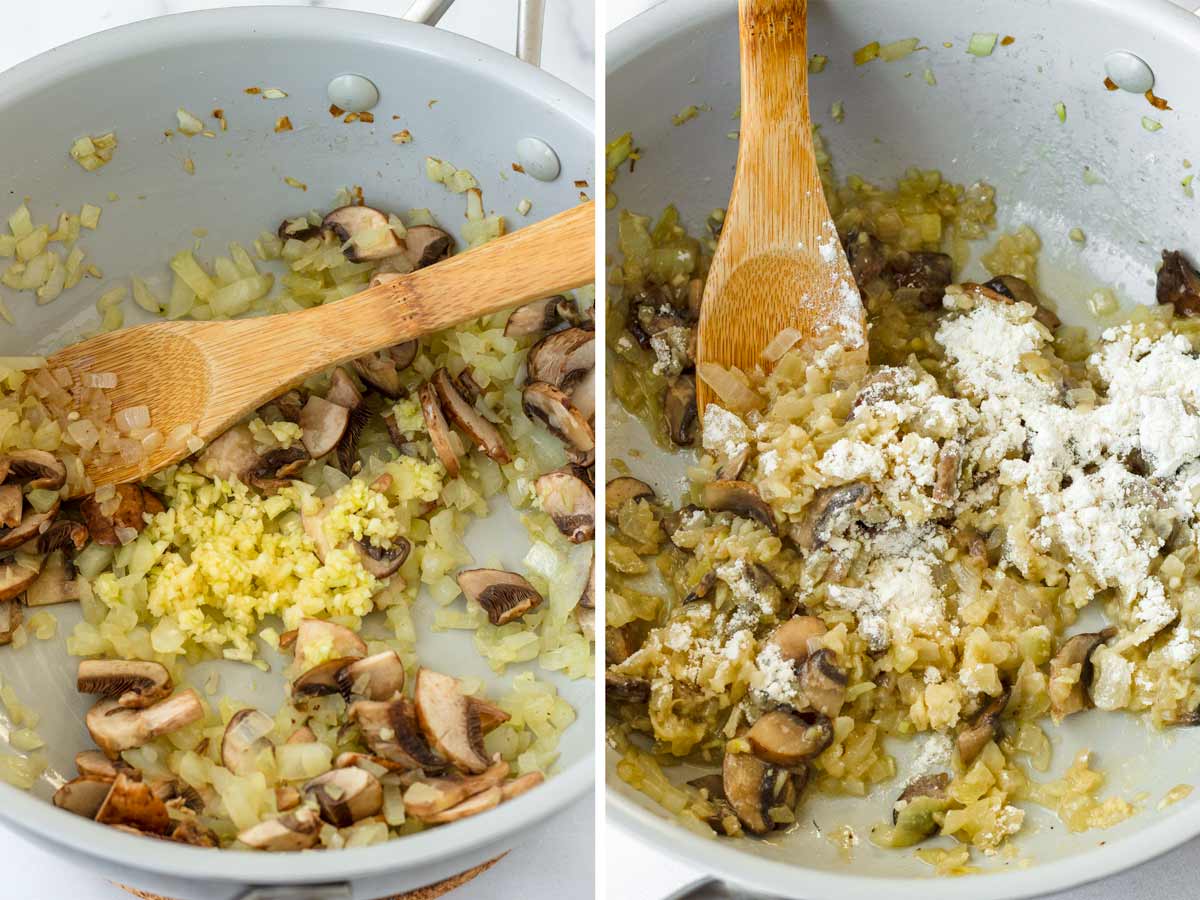 cooking mushrooms, garlic, onions and aromatics and adding flour
