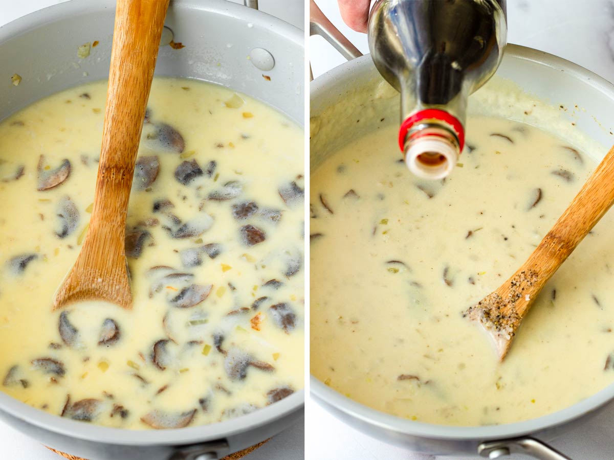 adding milk and soy sauce for the creamy sauce