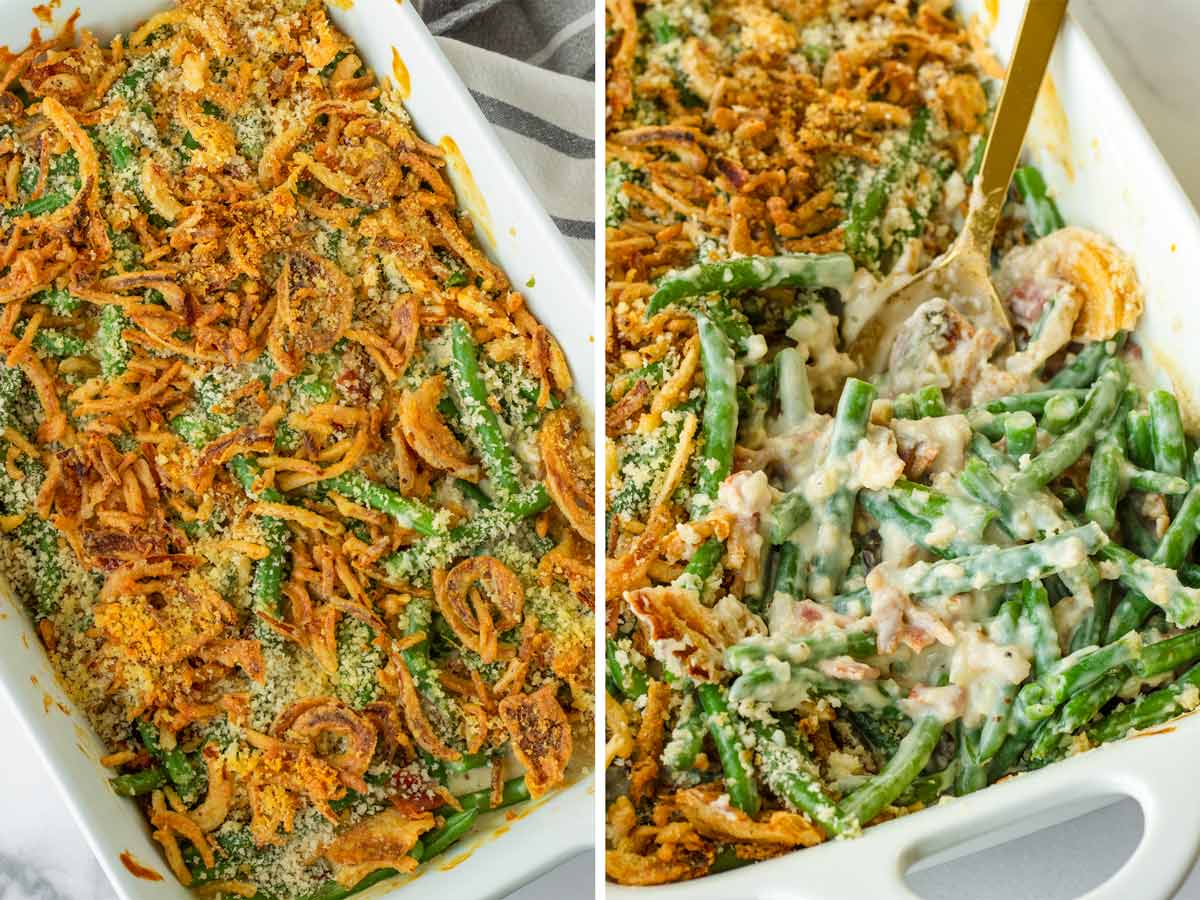 baked green bean casserole made with fresh green beans