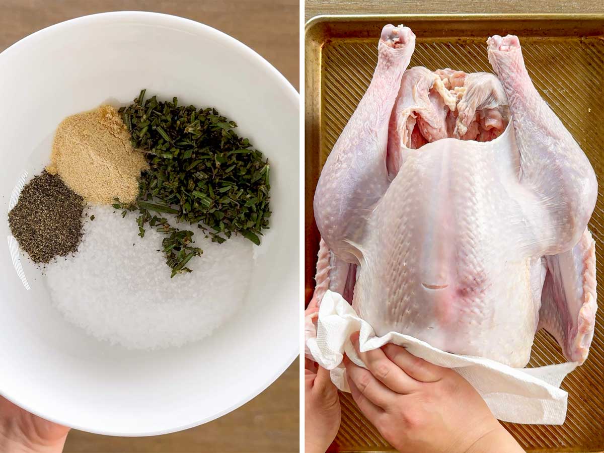 mixing dry brine mixture and patting turkey dry