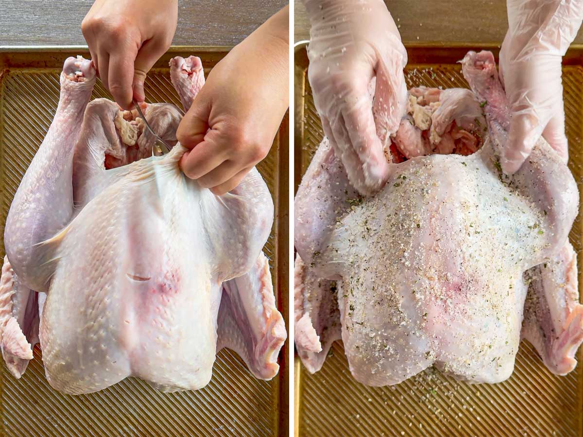 applying the dry rub into the turkey