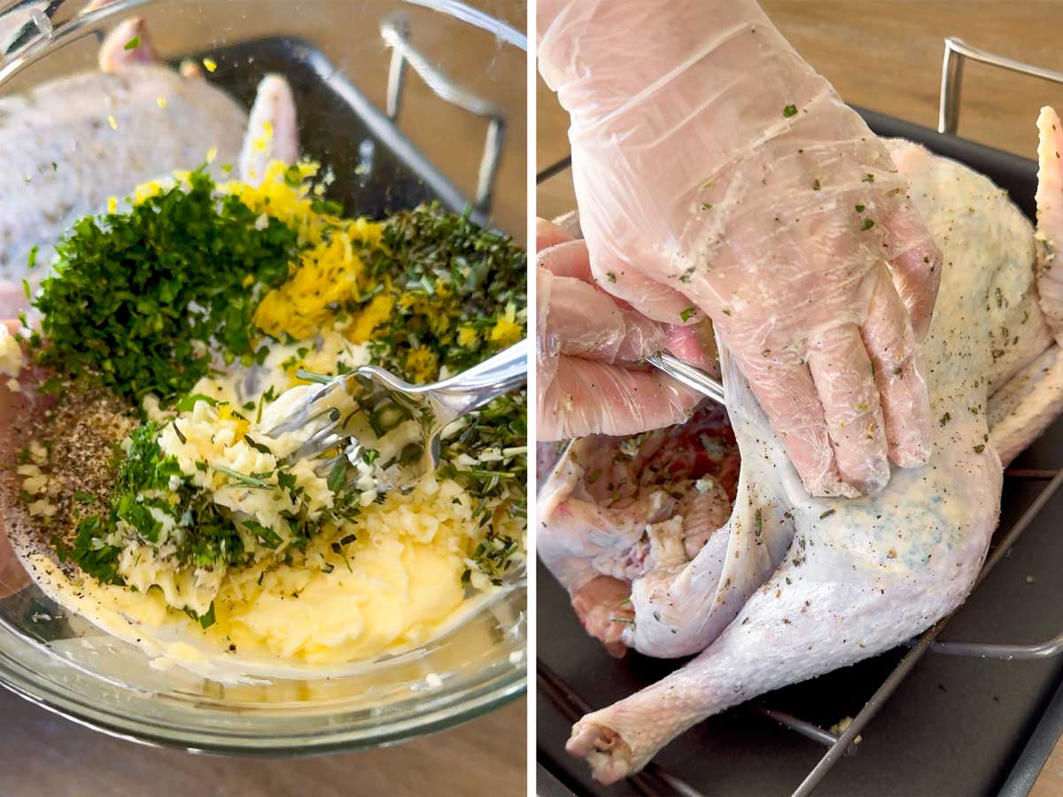 adding flavored butter under the skin of the turkey