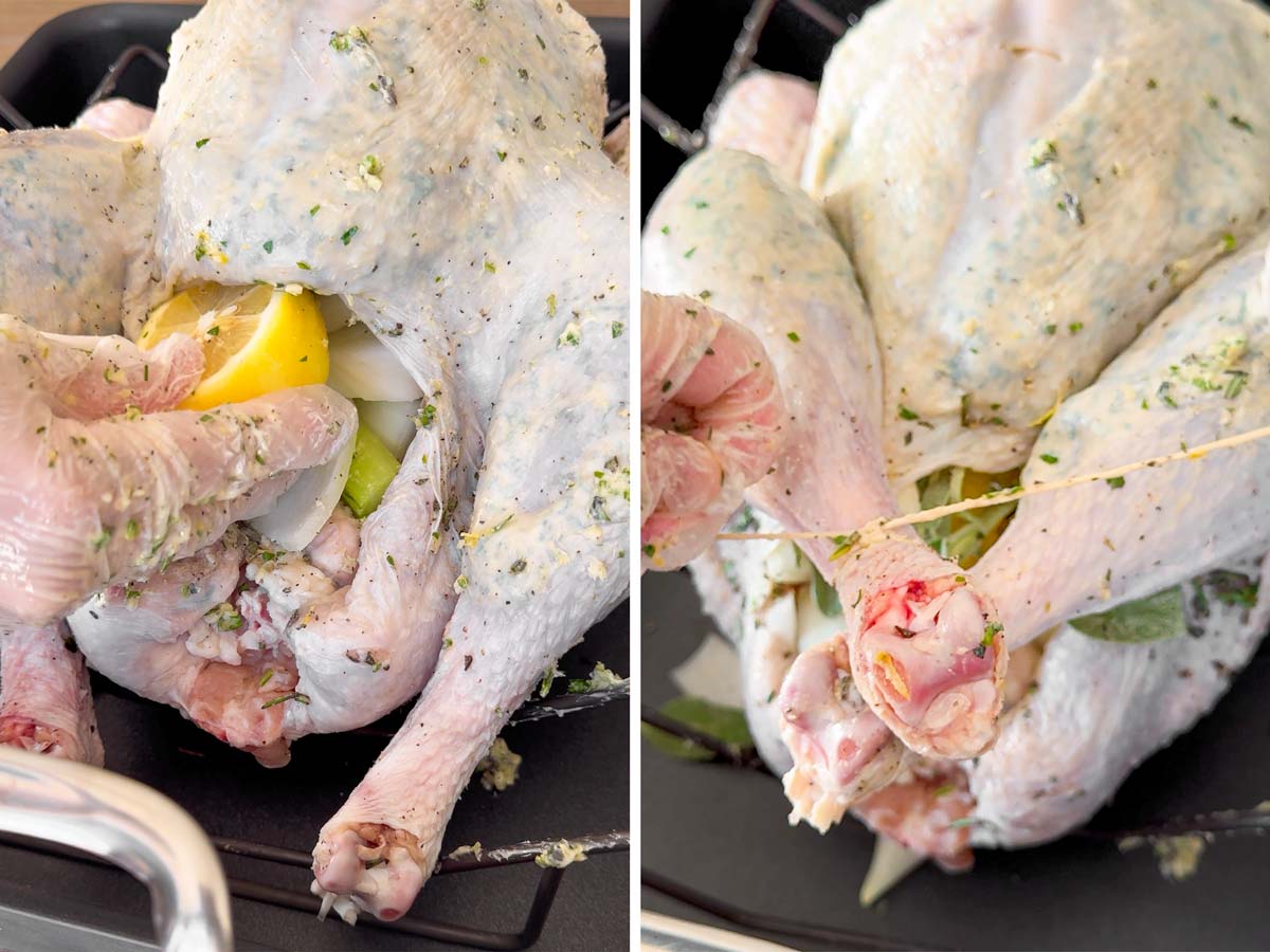 stuffing turkey and tying legs with kitchen twine