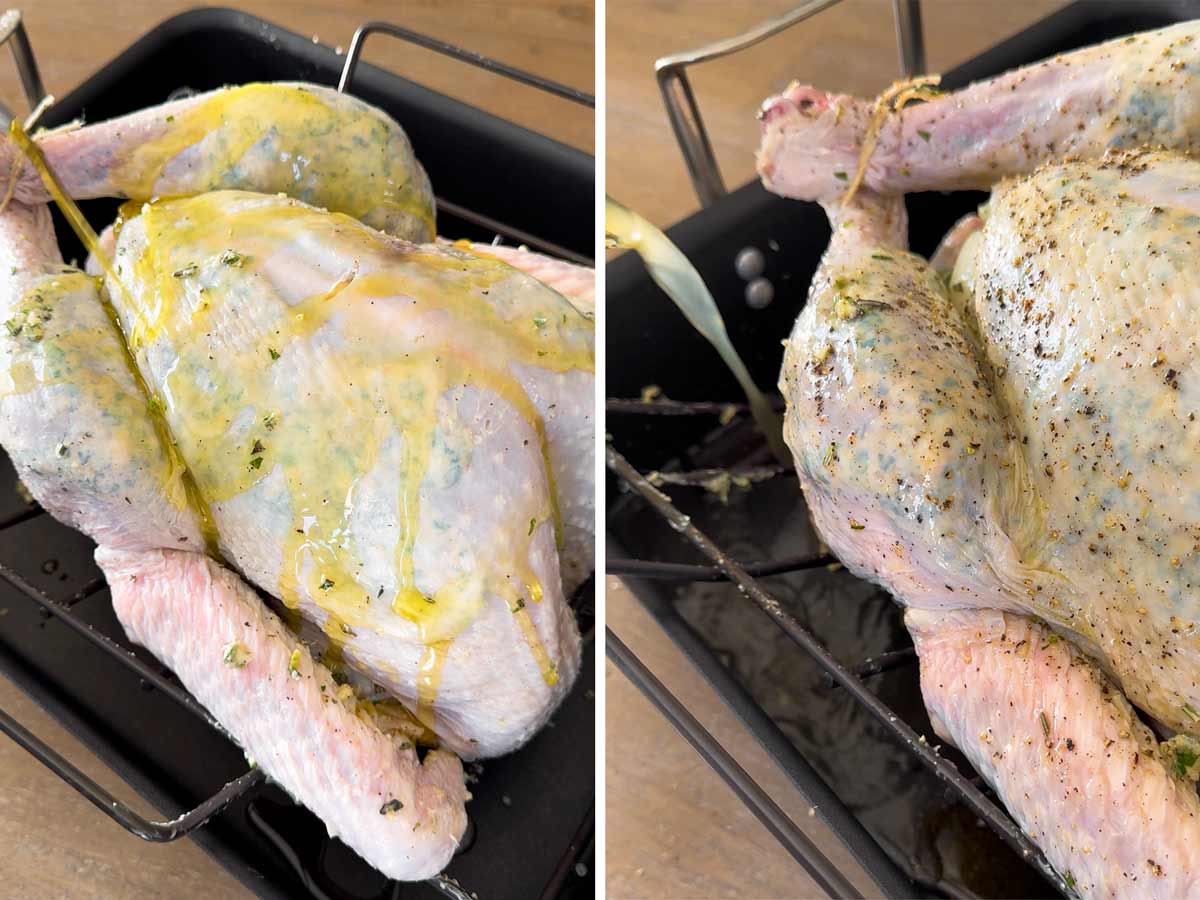 rubbing the outside skin with olive oil and adding broth to the pan