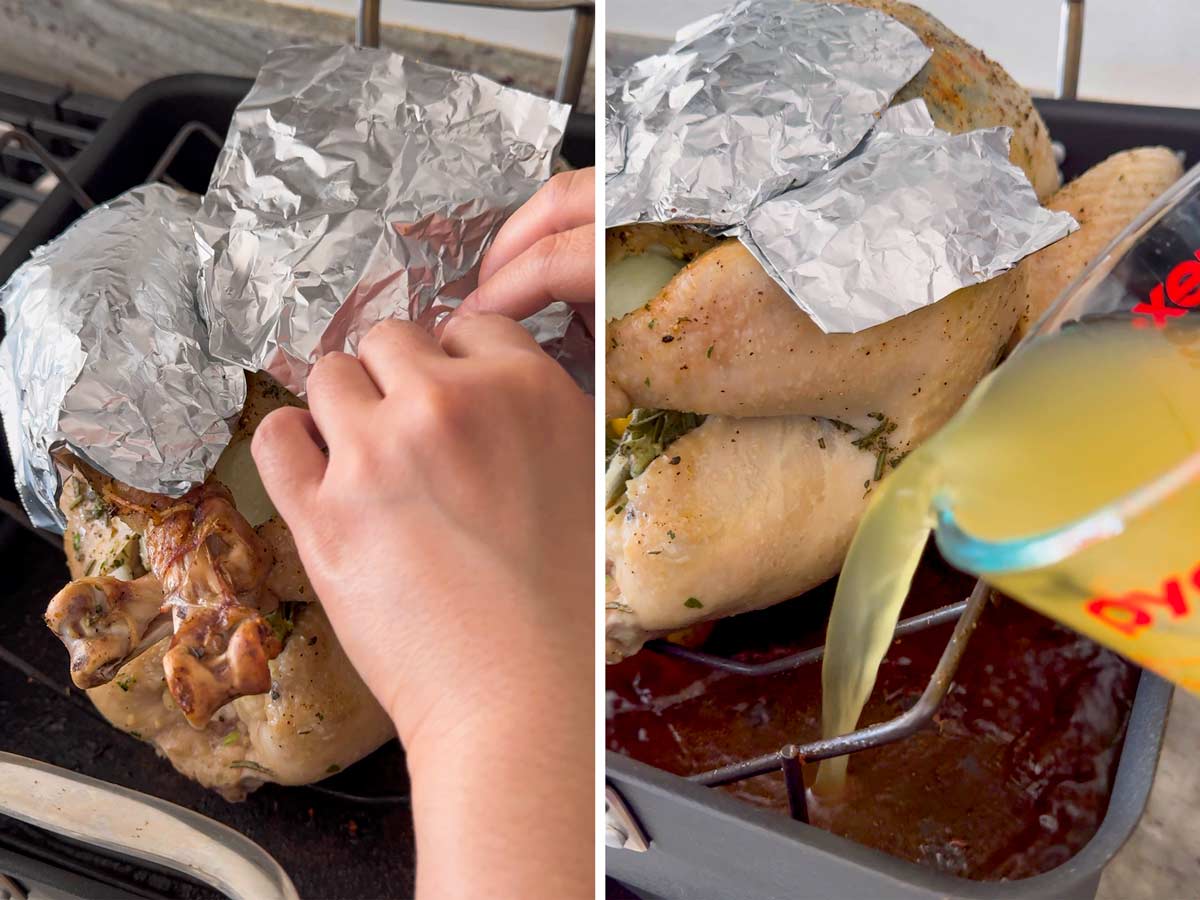 tenting browned spots of turkey with foil and adding more liquid to the bottom of pan