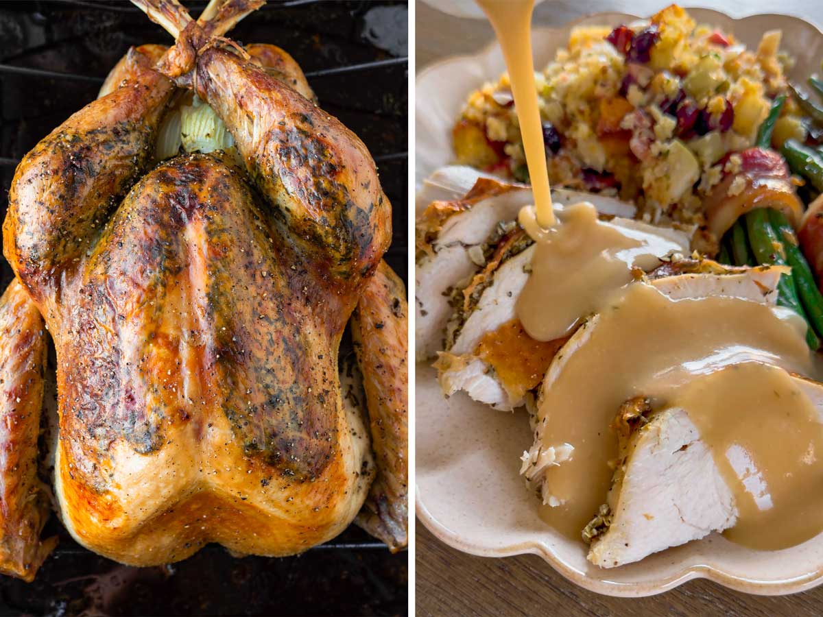 roasted dry brined turkey ready on the left, and serving turkey with gravy on the right