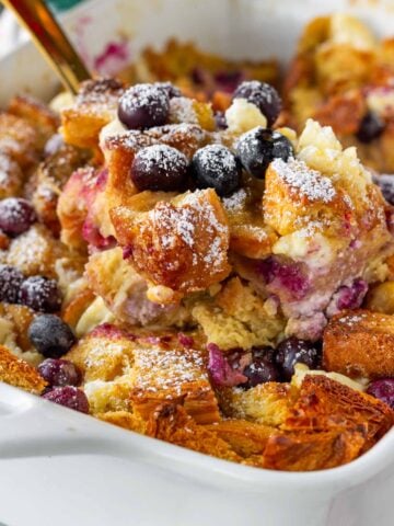 close up of a serving of blueberry french toast casserole