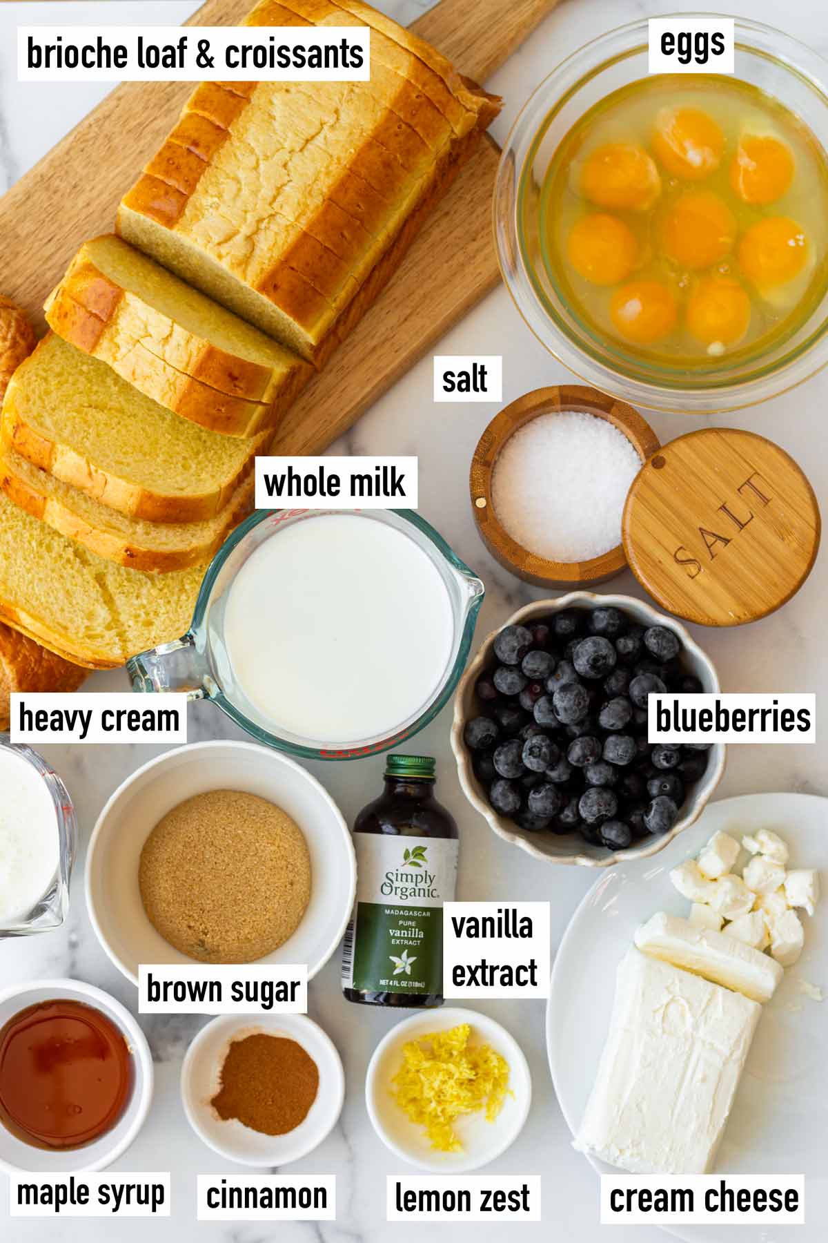 labeled ingredients for french toast casserole