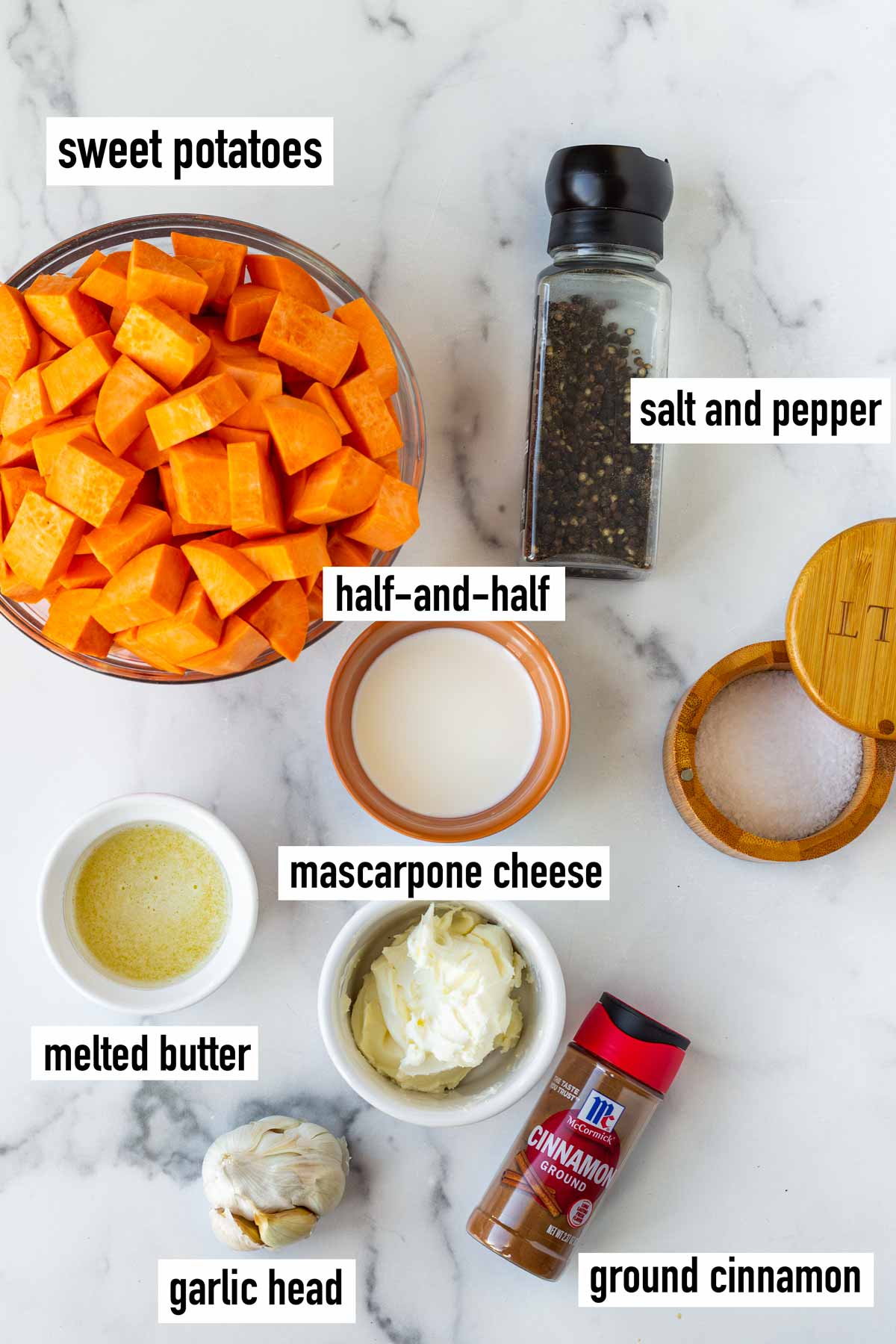 labeled ingredients for sweet potato mash