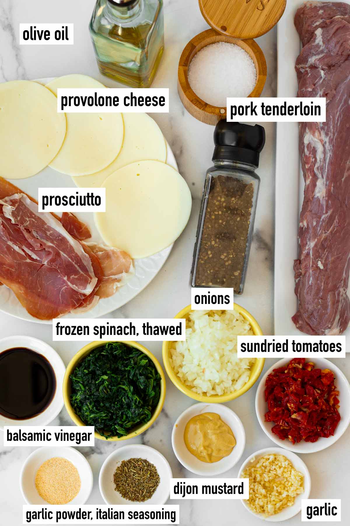 labeled ingredients to make stuffed pork tenderloin