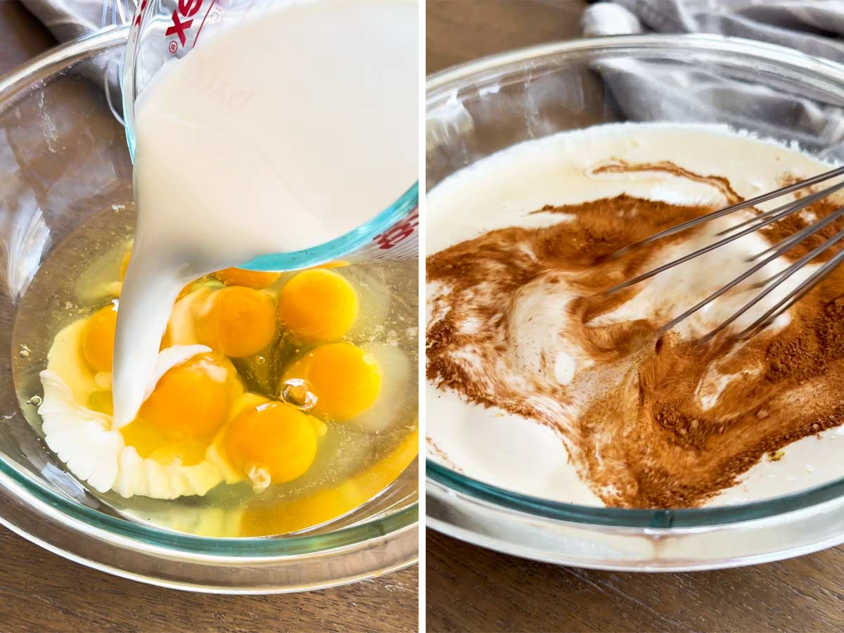 whisking egg custard in bowl