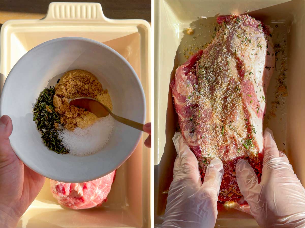 mixing the dry brine and rubbing it on the pork shoulder