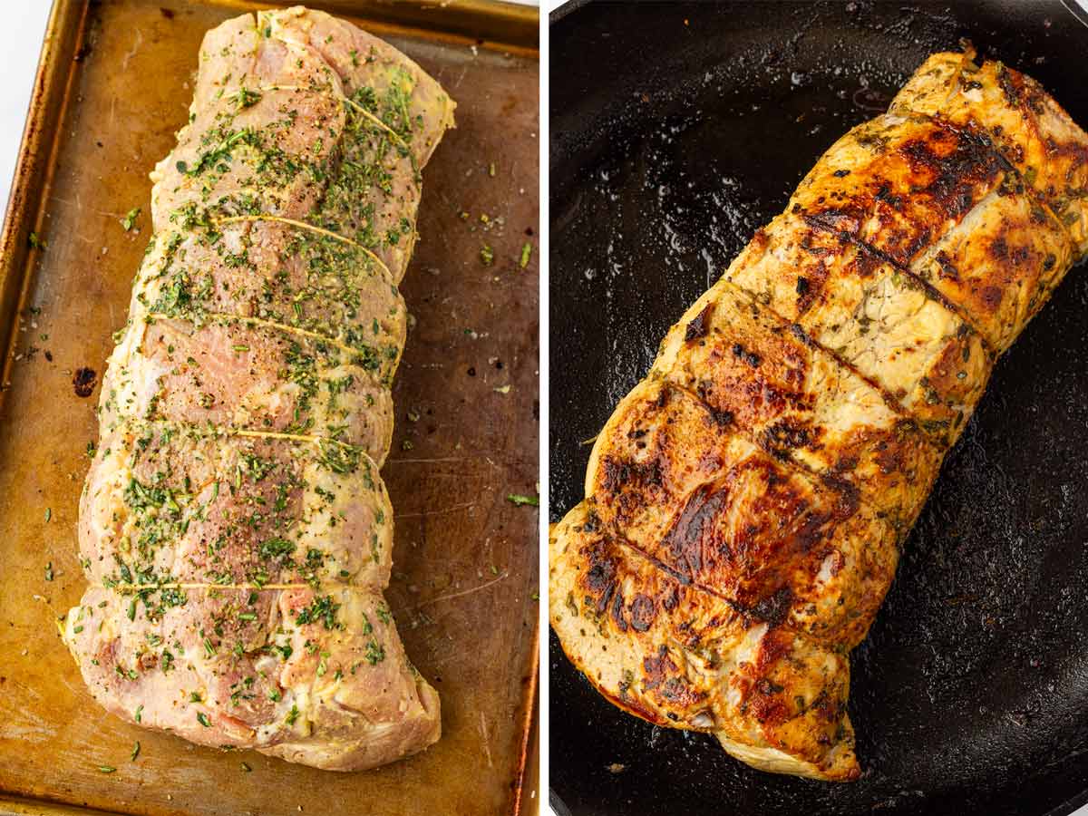 seasoning and searing pork loin in cast iron skillet
