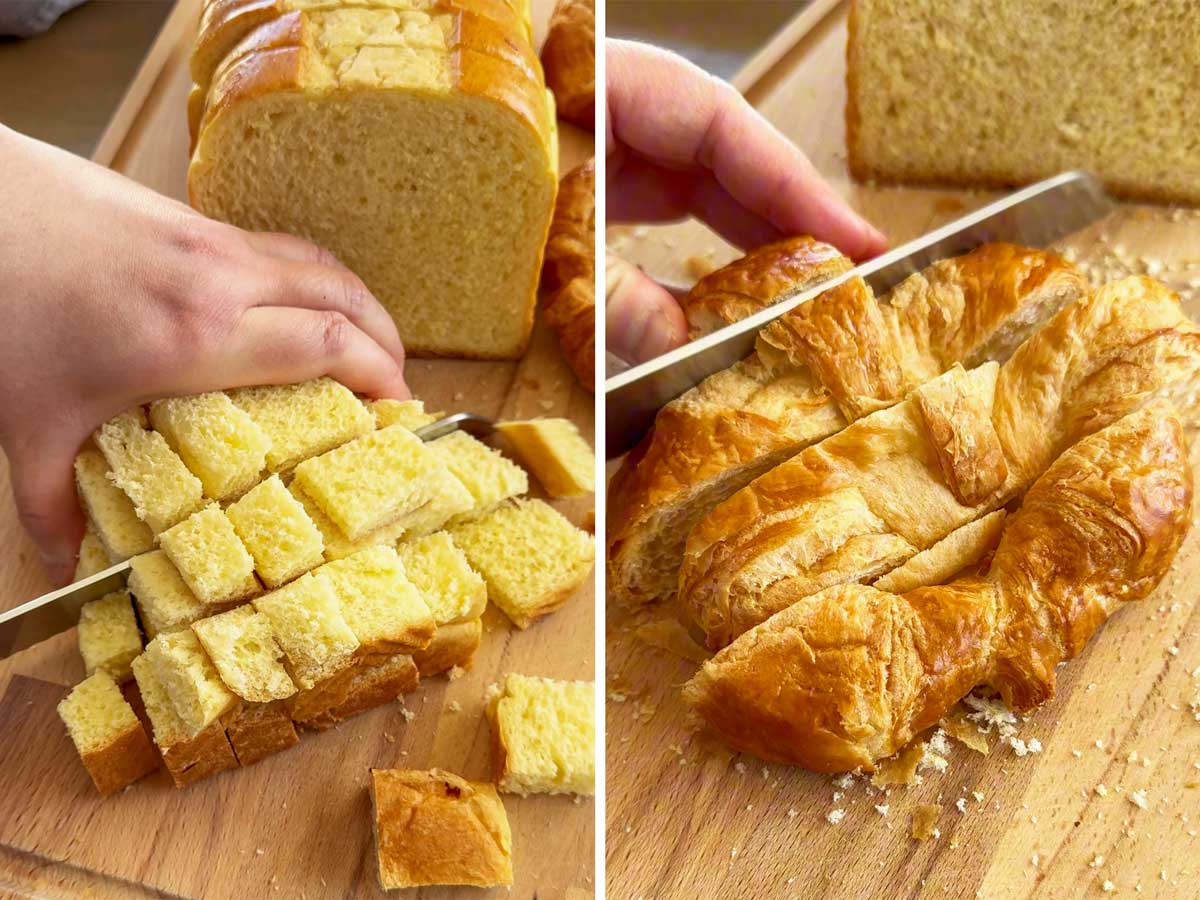 slicing brioche bread and croissant into cubes