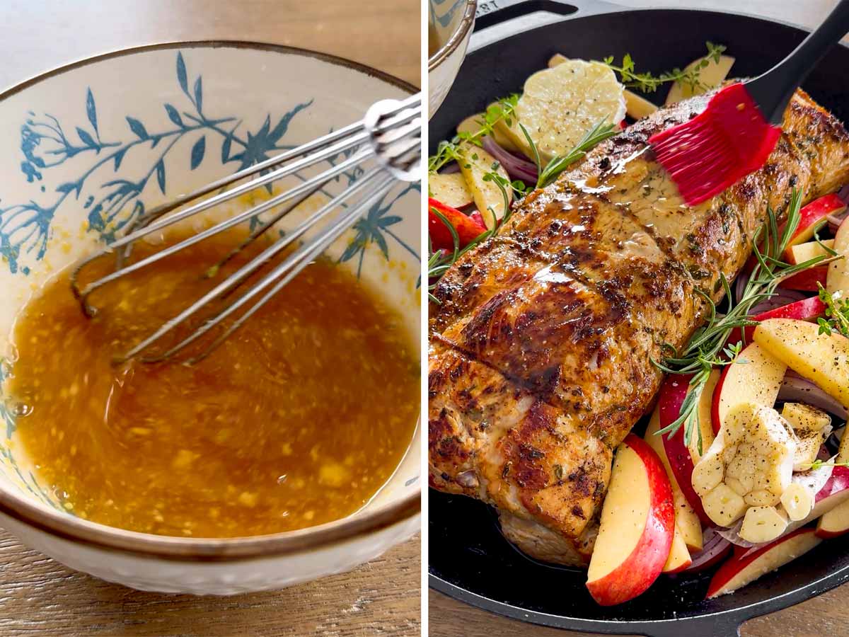 brushing pork loin with maple cider glaze