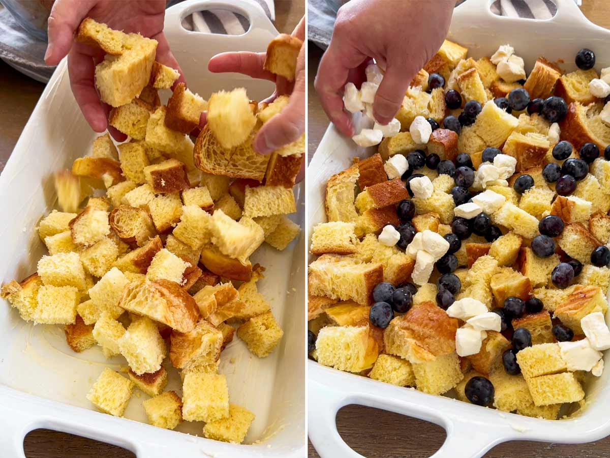 assembling layers of bread, blueberries, and cream cheese in 9 by 13 pan