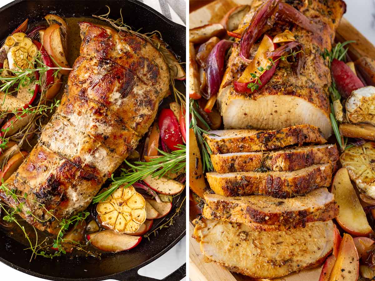 finished apple pork loin in skillet and sliced